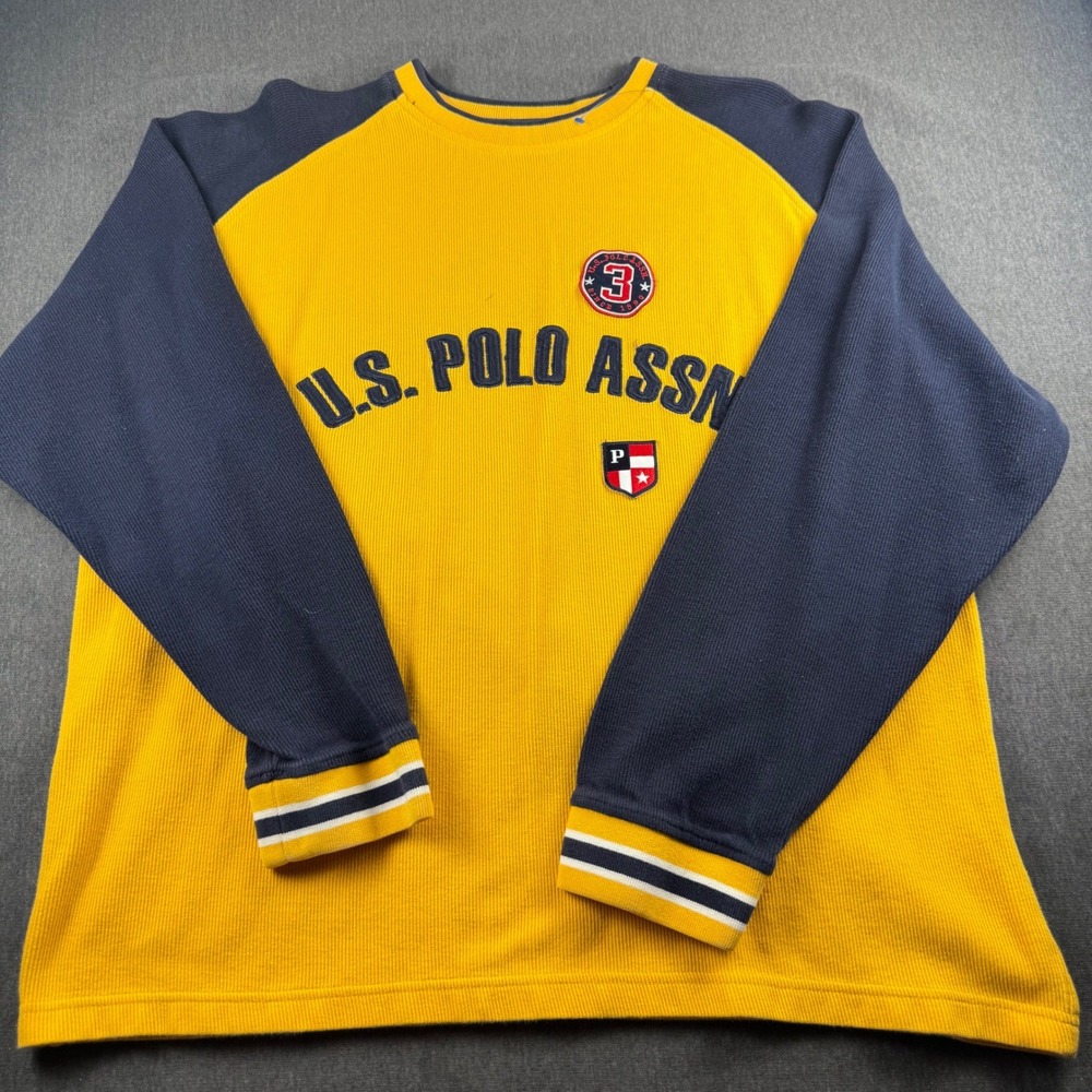 US Polo Assn Mens Yellow Navy Blue Waffle Knit Thermal Raglan Shirt Medium